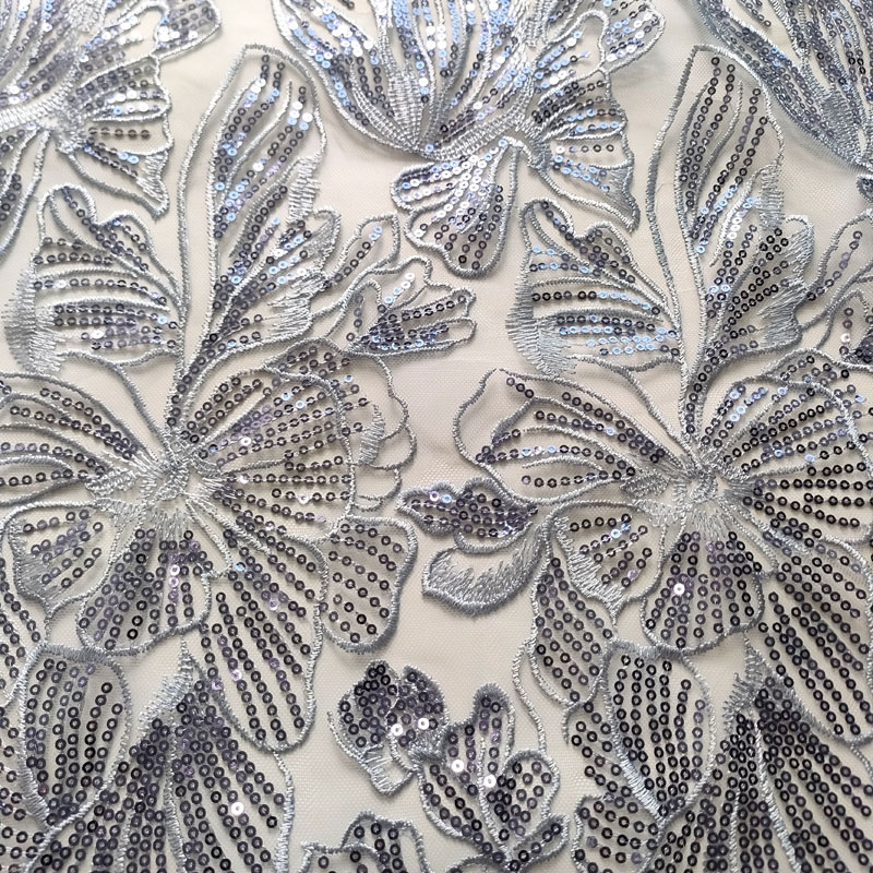 Blue Floral Sequin Embroidery Tulle Lace Fabric For Evening Gown Wedding Dress XF6135