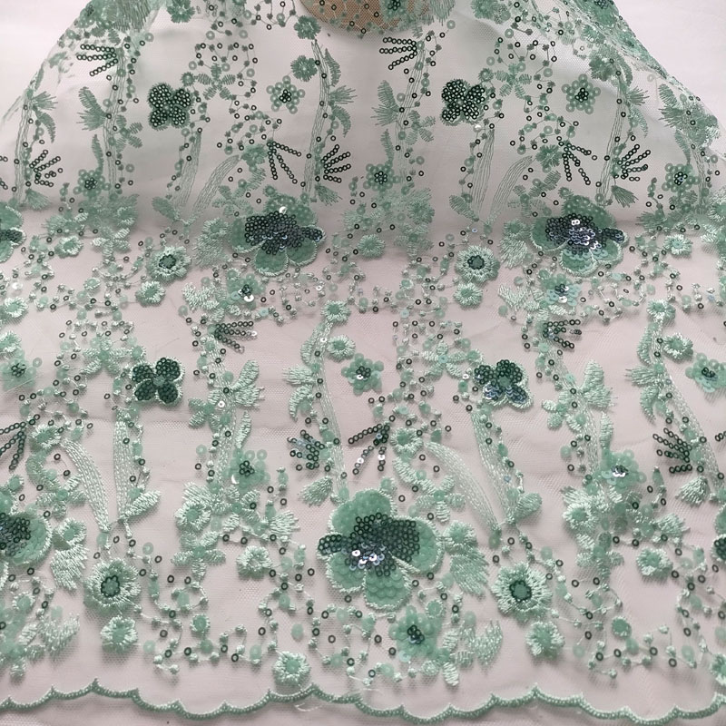 Mint Green 3D Floral Sequin Embroidery Tulle Lace Fabric For Wedding Dress Evening Gown XF6169