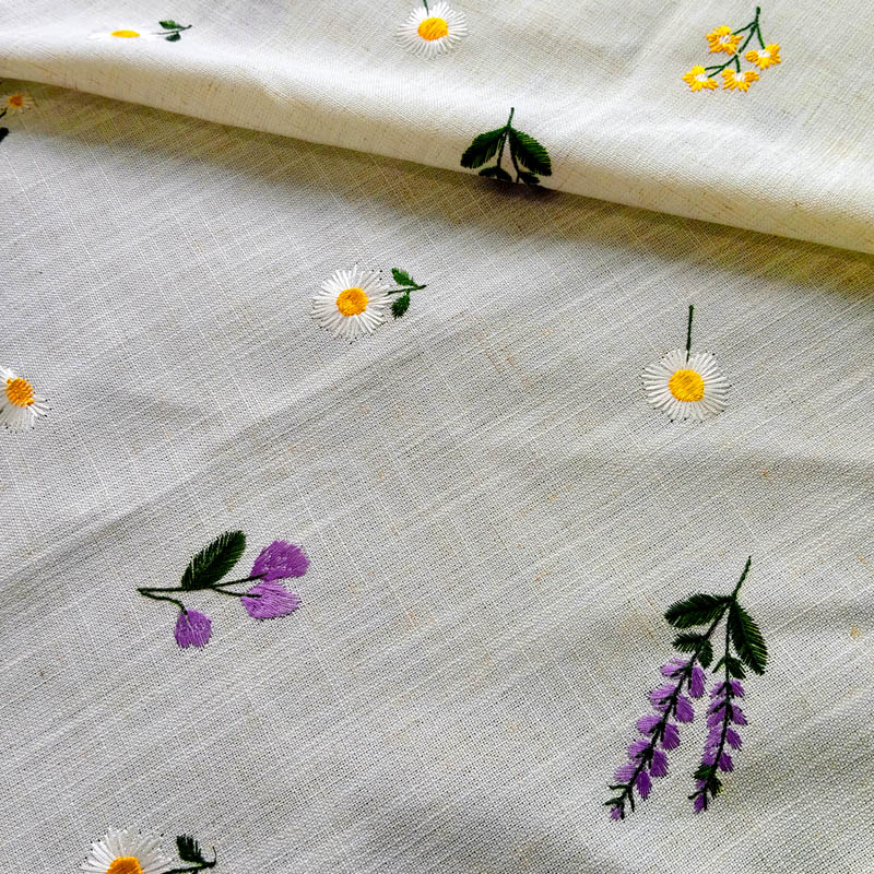Off White Linen Blend Wildflower Embroidery Fabric Daisy Lavender Embroidered Textile For Ladies Dress Home Decor XF6172