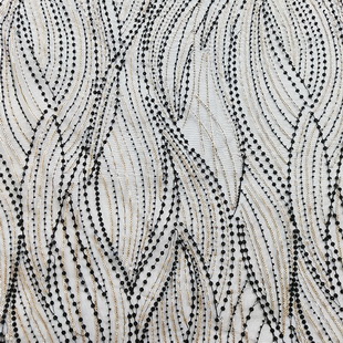 XW5250 High Grade Gold Sequin With Black Beads On Black Mesh Embroidery Fabric