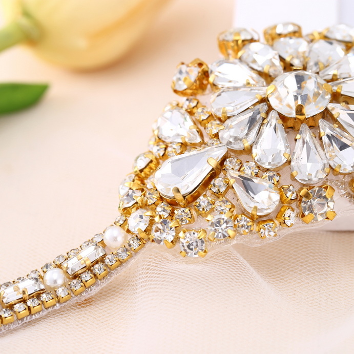 FA-1374 Fashion Rhinestone Rose Glod Flower Sash Diamond Belt Applique For Wedding Dress Evening Dress Dinner Dress