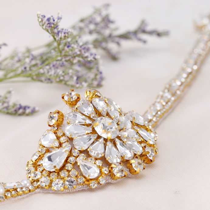 FA-1374 Fashion Rhinestone Rose Glod Flower Sash Diamond Belt Applique For Wedding Dress Evening Dress Dinner Dress