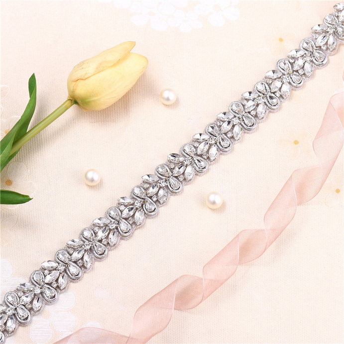 FA-1430 New Style Flower Crusyal Sliver Applique Webbing Dress Rhinestone Belt Grament Class Sash