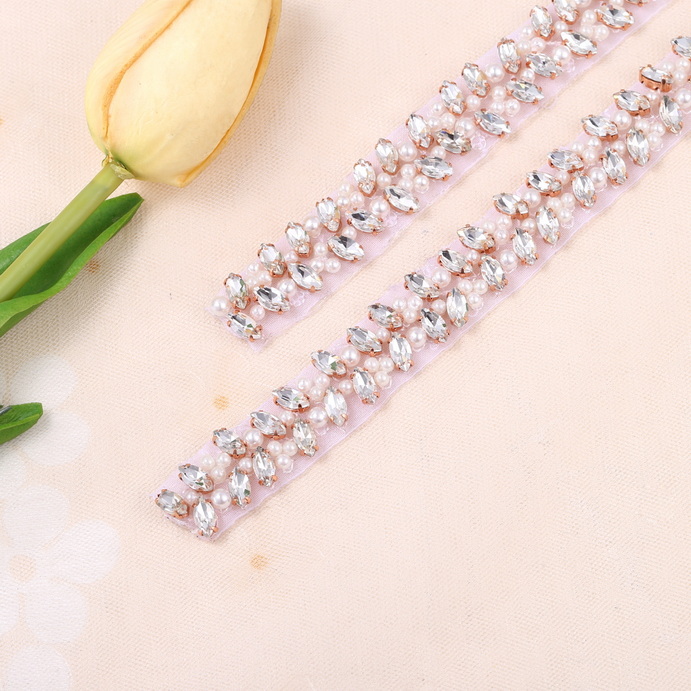 FA-1384 Hot Fix Rhinestone Flower Rose Glod Sash Crystal Belt Diamond Wedding Dress Ribbon Applique