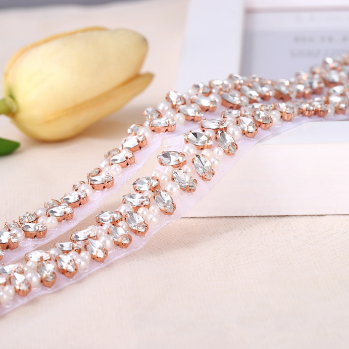 FA-1384 Hot Fix Rhinestone Flower Rose Glod Sash Crystal Belt Diamond Wedding Dress Ribbon Applique