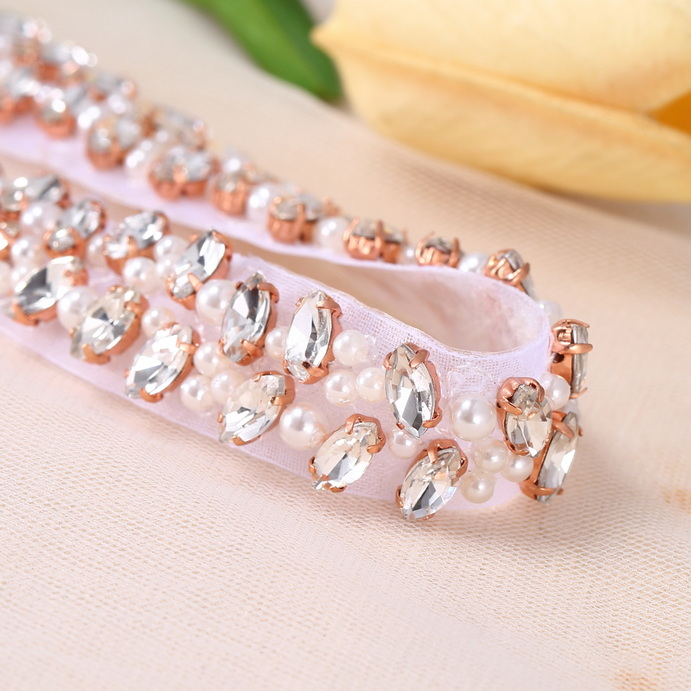 FA-1384 Hot Fix Rhinestone Flower Rose Glod Sash Crystal Belt Diamond Wedding Dress Ribbon Applique