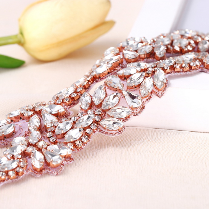 FA-1377 New Diamond Belt Rose Glod Rhinestone Sash Iron Sewing On Bling Crystal Ribbon Applique