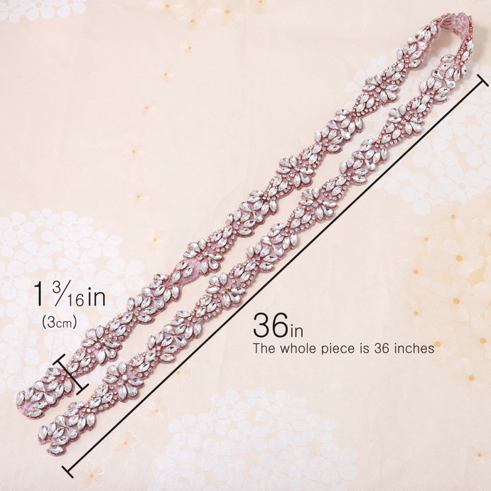 FA-1377 New Diamond Belt Rose Glod Rhinestone Sash Iron Sewing On Bling Crystal Ribbon Applique