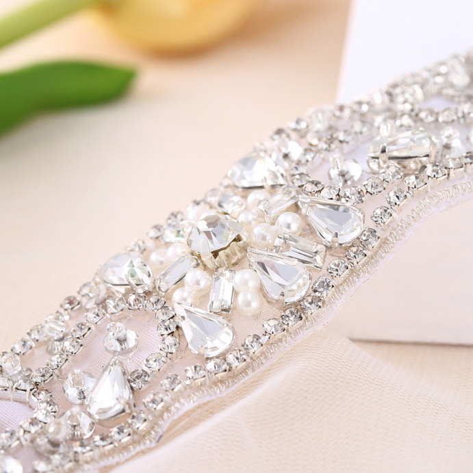 FA-1372 Fashion Bridal Handmade Sliver Flower Rhinestone Sash Bling Crystal Belt Applique For Wedding Dress Evening Dress