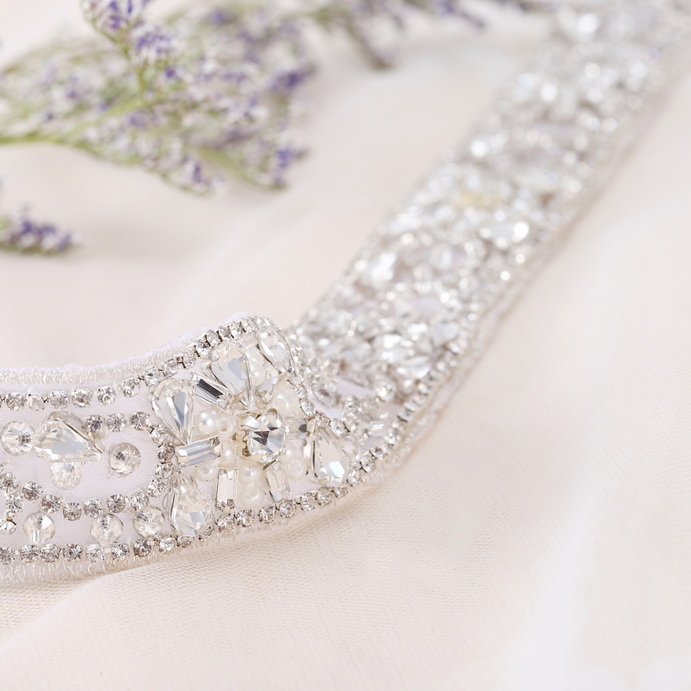 FA-1372 Fashion Bridal Handmade Sliver Flower Rhinestone Sash Bling Crystal Belt Applique For Wedding Dress Evening Dress