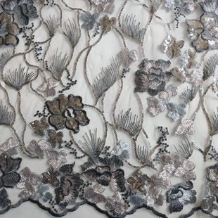 XF6071 Flower Embroidered Mesh Grey Lace With 3MM Sequins Fabrics