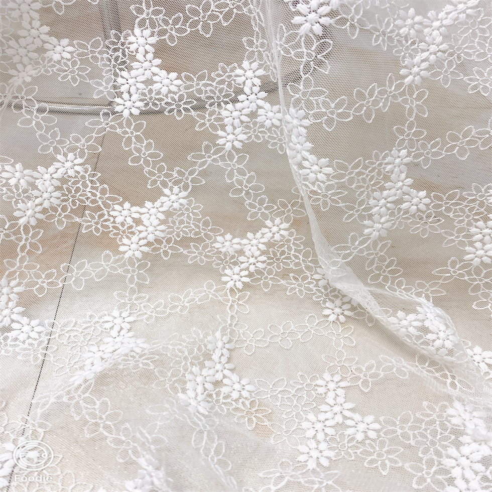 Beautiful Floral Embroidery White Lace Mesh Fabric DIY Clothing Accessories XF6078