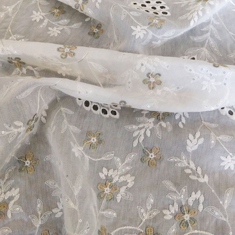 Factory Embroidery Lace Sequins Fabric Floral Cotton Lace with Hollow Design XF6091