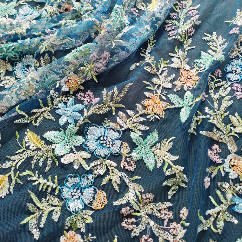 Spring Flower Tulle Colorful Sequined Lace Fabric for Beautiful Dress XW5300