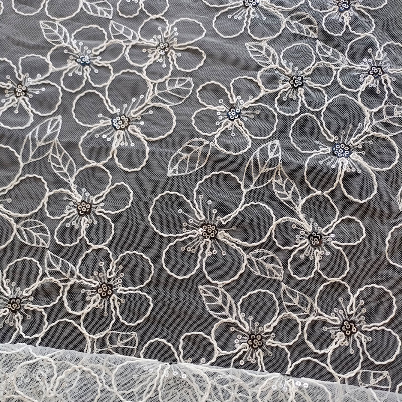 New Beaded Knitted Floral Mesh Lace Layered Leaf Plum Blossom Embroidery Brocade Fabric For Girls XF6095