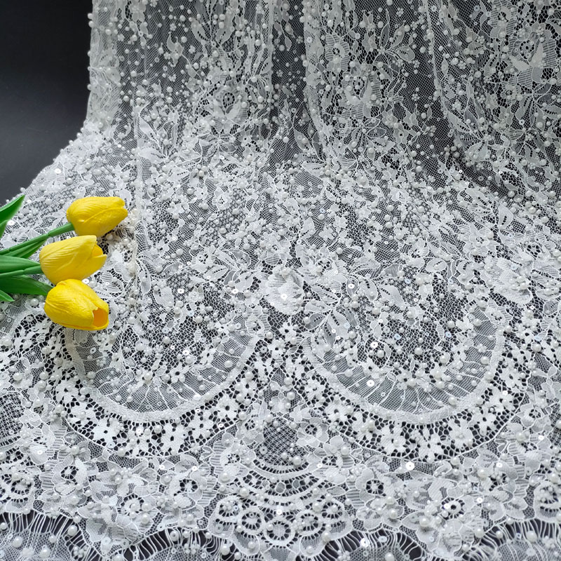 Eco-Friendly French Bridal Eyelash Heavy Beaded Tulle Mesh Lace Fabric XW5306