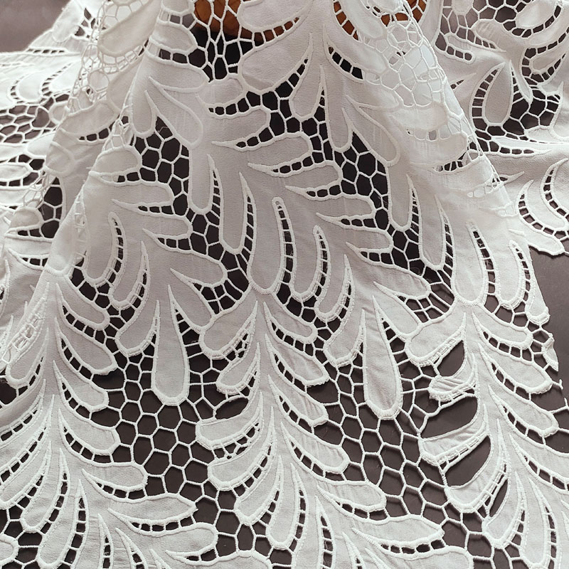 White Large Leaf Laser Embroidered Mesh Cotton Lace Fabric CXE313