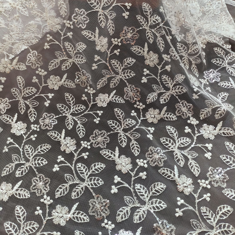 New Style 100% Polyester White Sequin Embroidery Bridal Lace Fabric XF6140