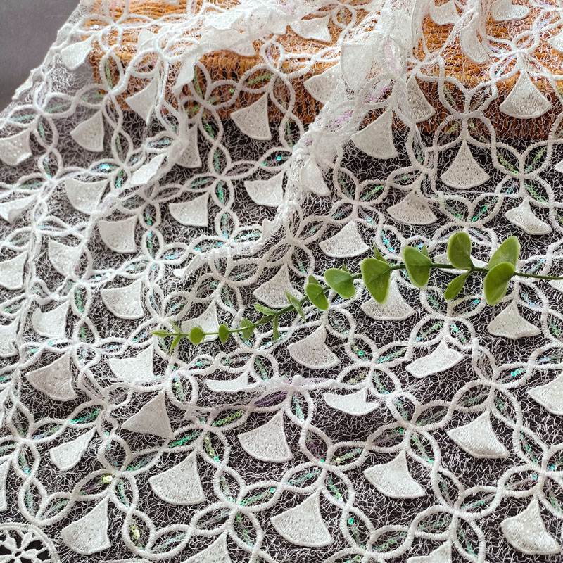 White Fan Geometric Embroidery Sequins Mesh Lace Wedding XF6145