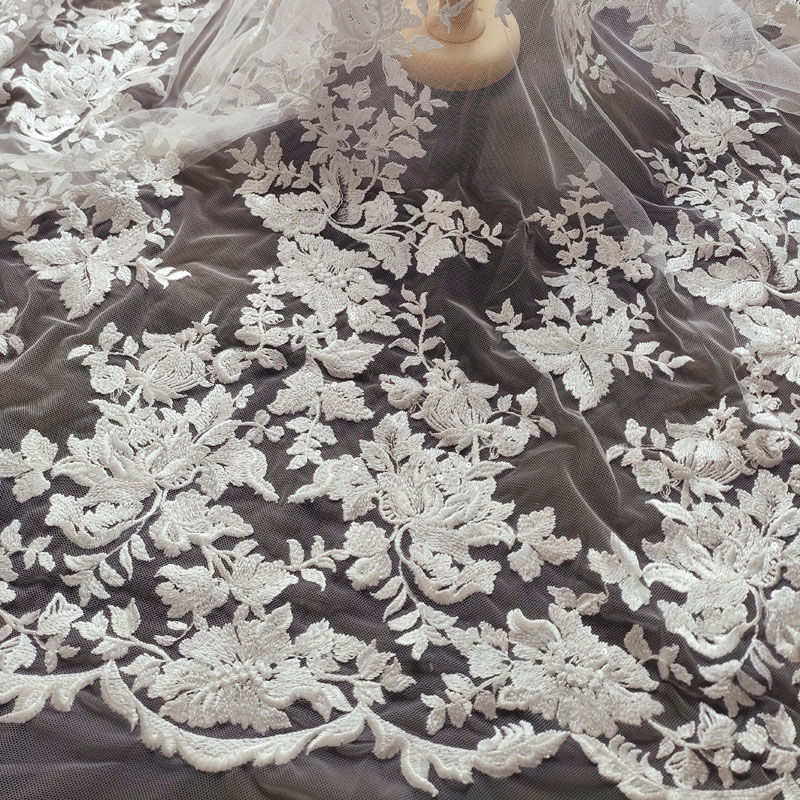 Elegant White Floral Sequined Embroidery Bridal Lace Fabric – Hot Selling XF6147