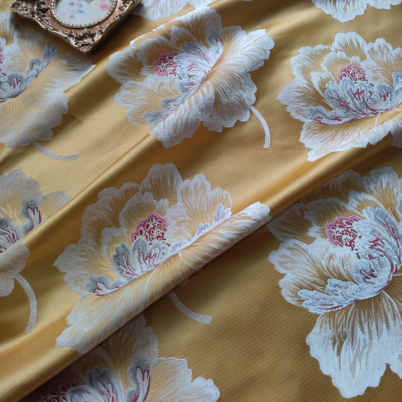 Elegant Yellow Peony Floral Painting Design 100% Polyester Satin Yarn Dyed Woven Jacquard Brocade Fabric For Dress Home Textile BJ049