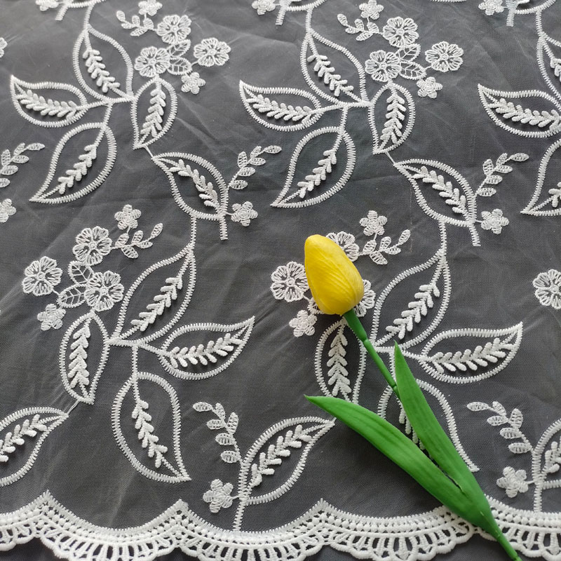 Leaf Floral Embroidery Scalloped Edge Tulle Lace Fabric For Garments XF6129