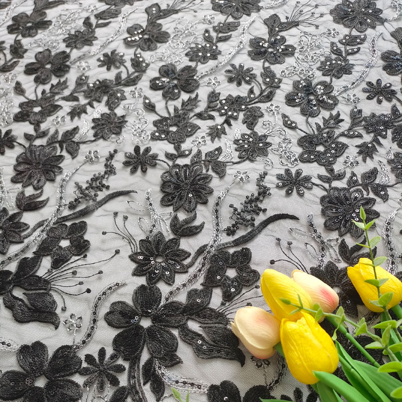 Black Floral Sequin Embroidery Tulle Lace Fabric For Evening Gown Formal Dress Bridal Outfit XF6131