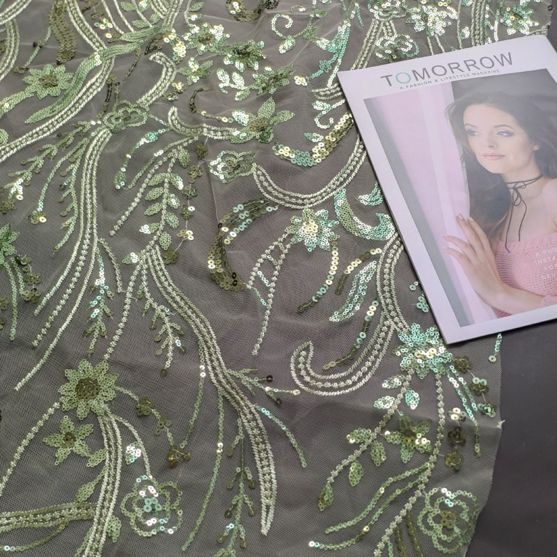 Green Vine Floral Sequin Embroidery Tulle Lace Fabric For Evening Gown XF6132