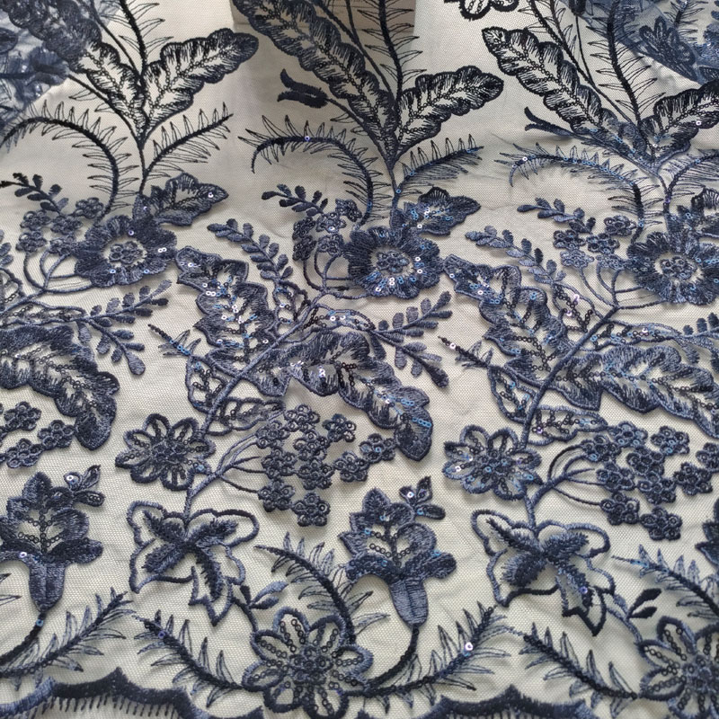 Navy Blue Vintage Floral Leaf Sequin Embroidery Tulle Lace Fabric For Wedding Dress Evening Gown XF6134