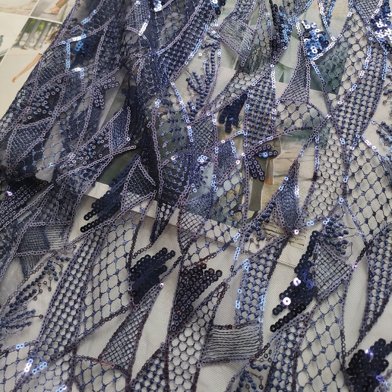 Navy Blue Geometric Diamond Sequin Embroidery Tulle Lace Fabric XF6157
