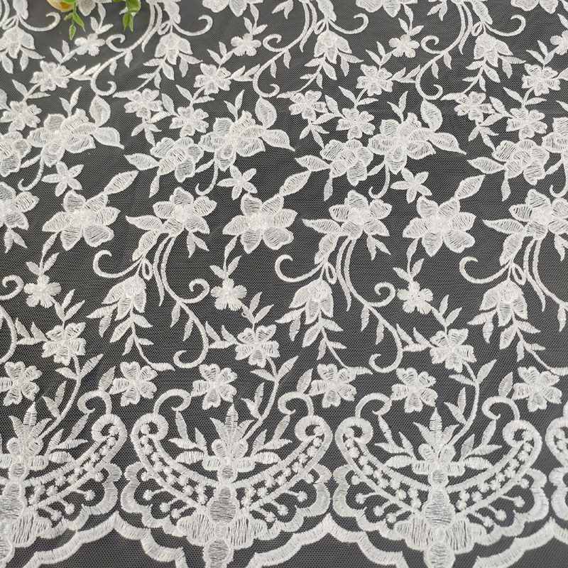 White Floral Scroll Eyelet Embroidery Tulle Lace Fabric For Wedding Dress Bridal Gown XF6166
