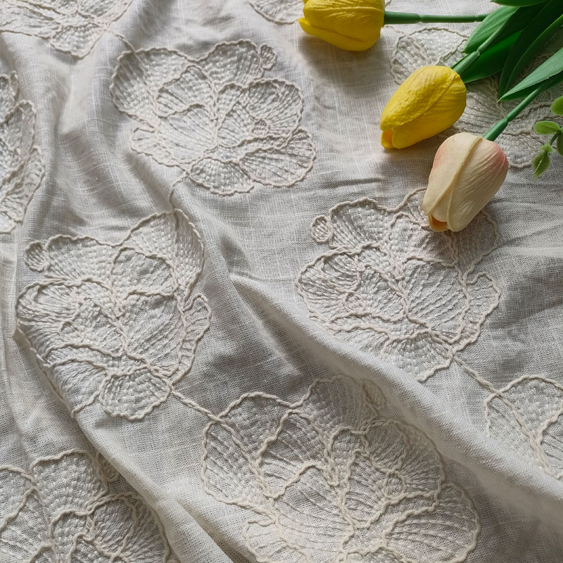 Off White 3D Peony Floral Embroidery Linen Look Fabric For Ladies Dress Blouse Garment XP4017