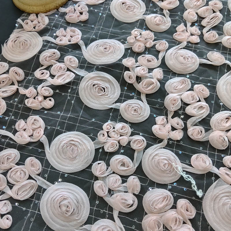 3D Rose Ribbon Embroidery Mesh Fabric, Raised Floral Tulle Fabric for Evening Dresses & Couture XP4024