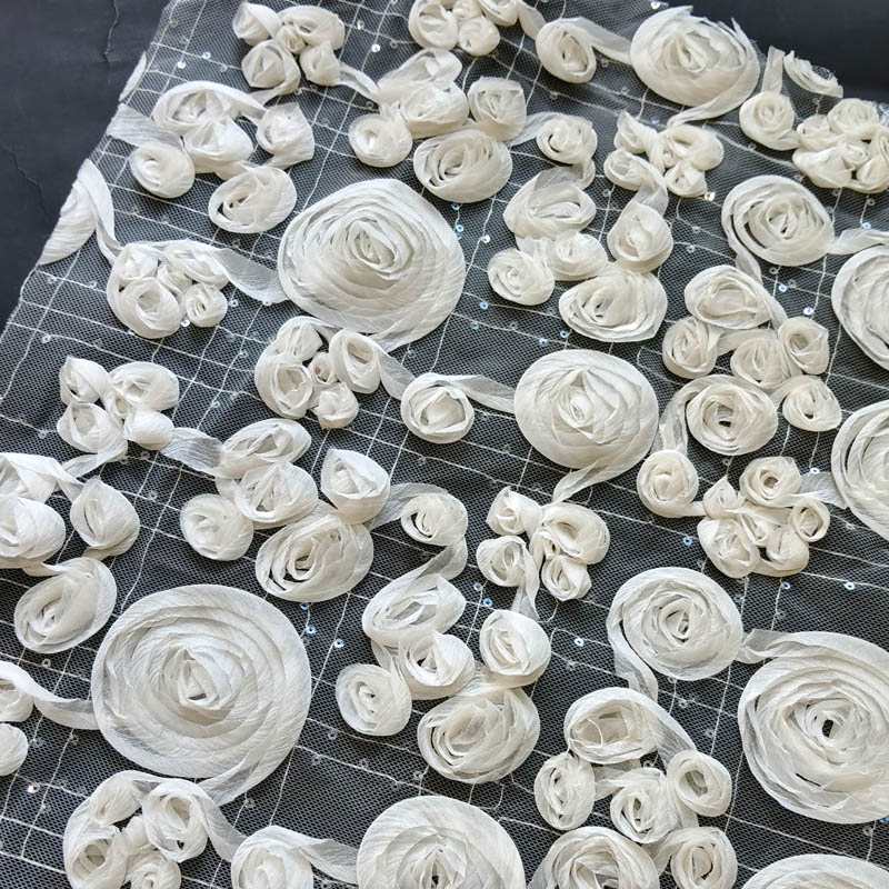3D Rose Ribbon Embroidery Mesh Fabric, Raised Floral Tulle Fabric for Evening Dresses & Couture XP4024