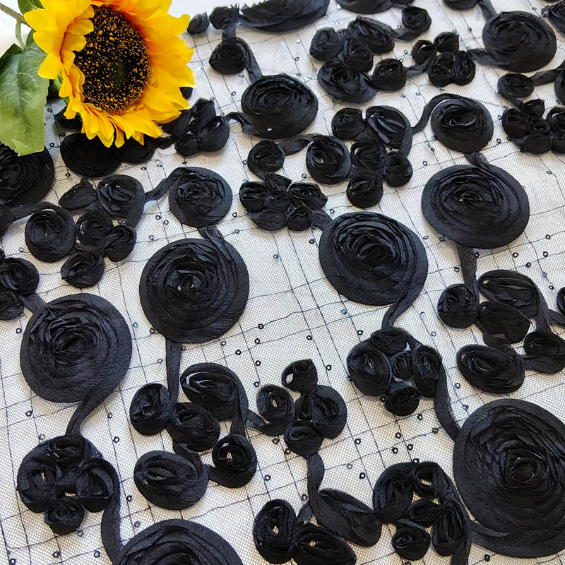 3D Rose Ribbon Embroidery Mesh Fabric, Raised Floral Tulle Fabric for Evening Dresses & Couture XP4024